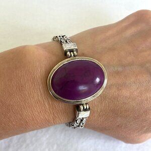 Sterling Silver 925 Purple Stone Dyed Howlite Chunky Byzantine Chain Bracelet